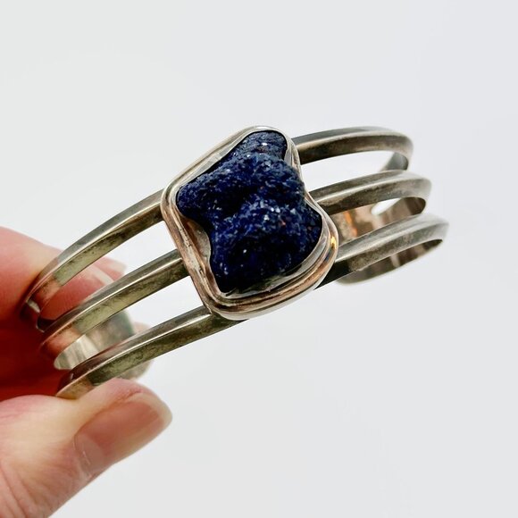 Druzy Bracelet, Sterling Silver, Cuff, Designer, Ancient Echoes, Blue Stone - Picture 2 of 6